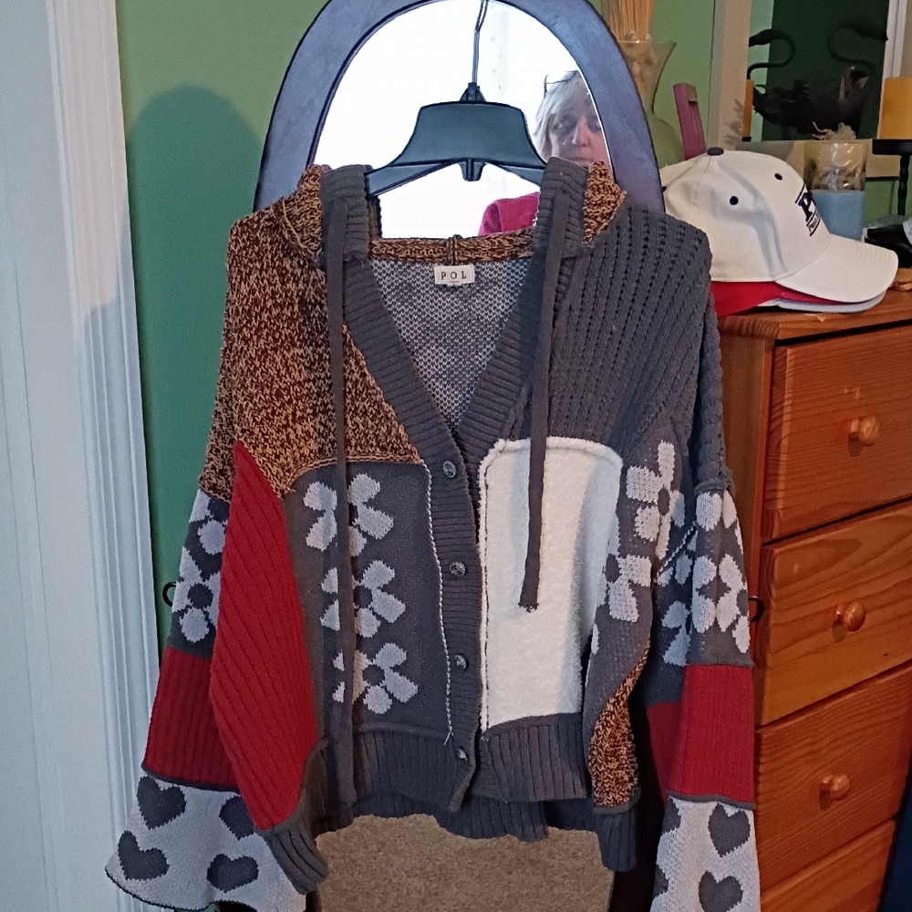 POL Patchwork Hooded Cardigan in Gray, Red, Cream